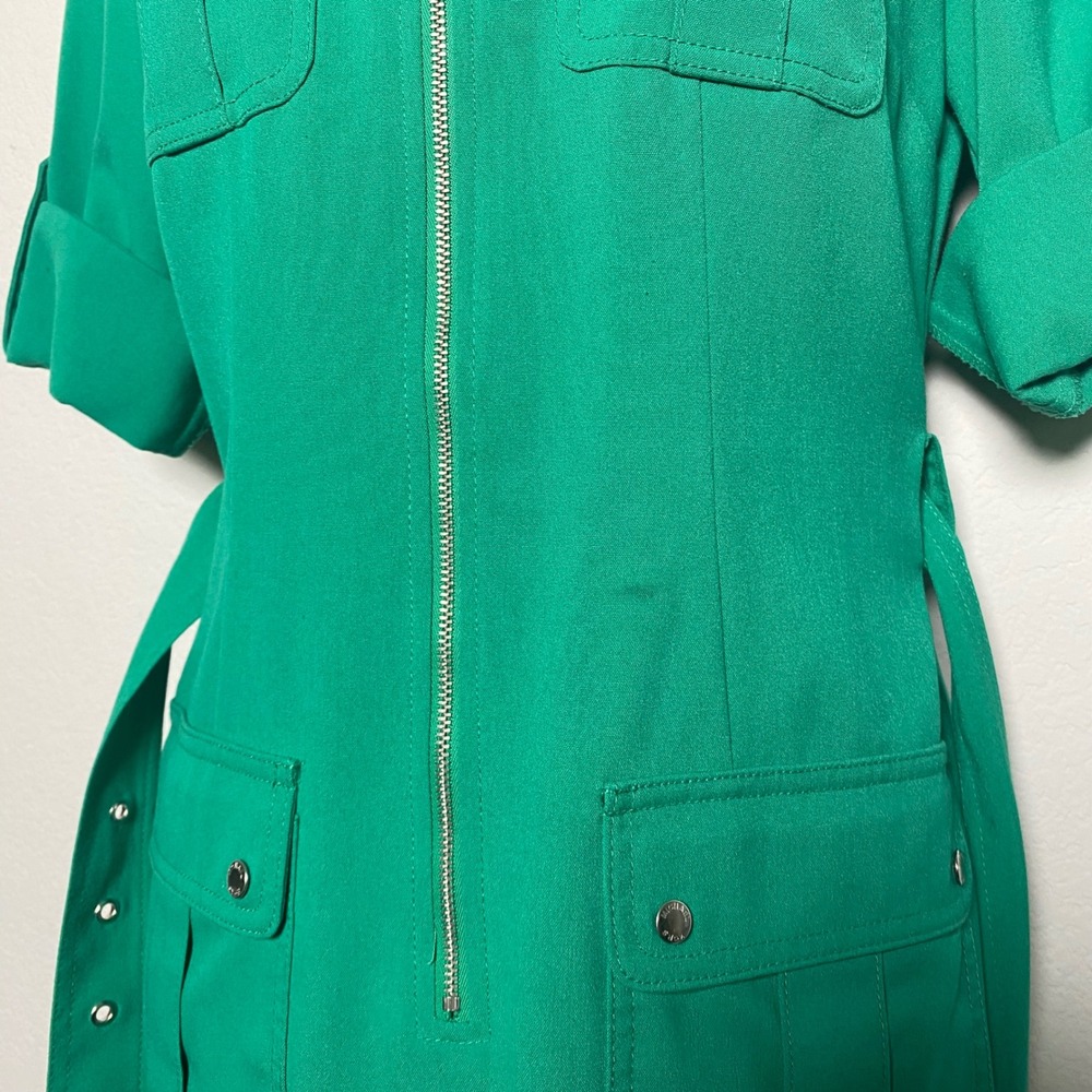Michael Kors Kelly Green Knee Length Front Zip Dress Cuffed Sleeve Preppy Polish - Picture 8 of 10